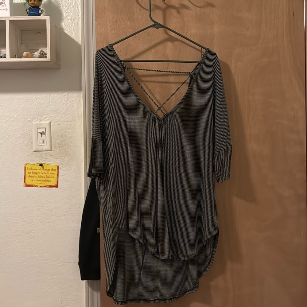 Oversize black and white striped T-shirt with open front and back
